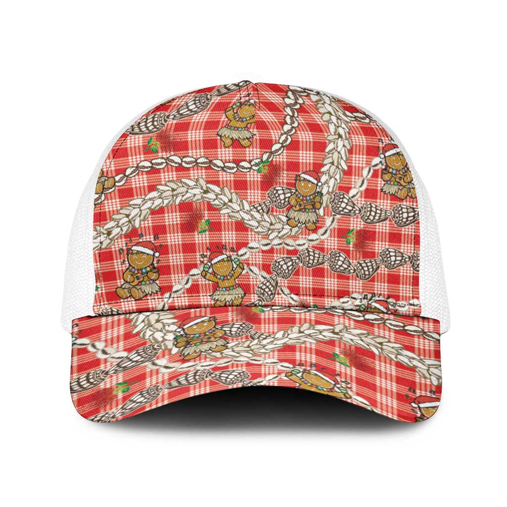 Red Palaka Hawaii Mele Kalikimaka Baseball Net Cap Ohia Lehua Shell Leis Funny Gingerbread Santa - Polynesian Pride