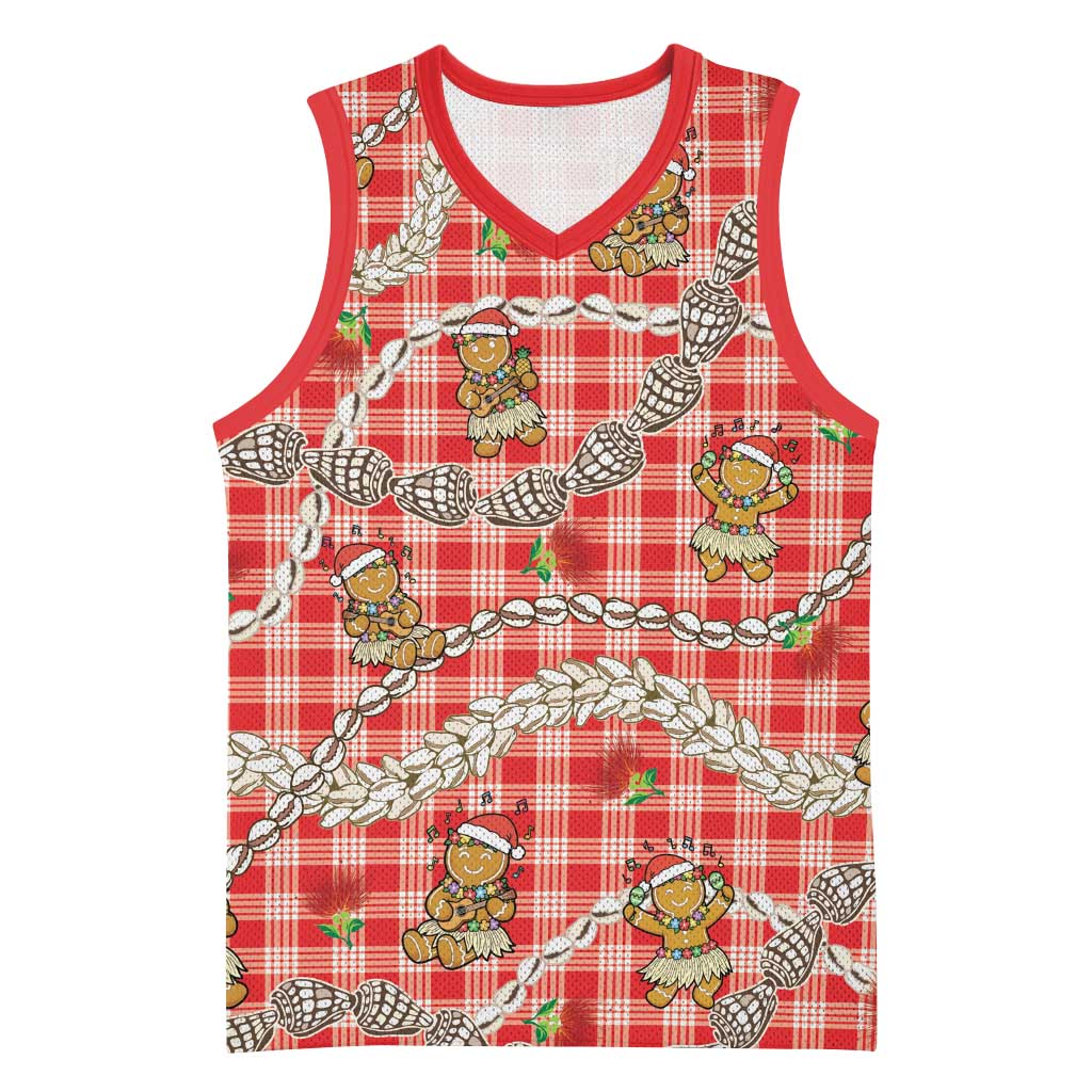 Red Palaka Hawaii Mele Kalikimaka Basketball Jersey Ohia Lehua Shell Leis Funny Gingerbread Santa - Polynesian Pride
