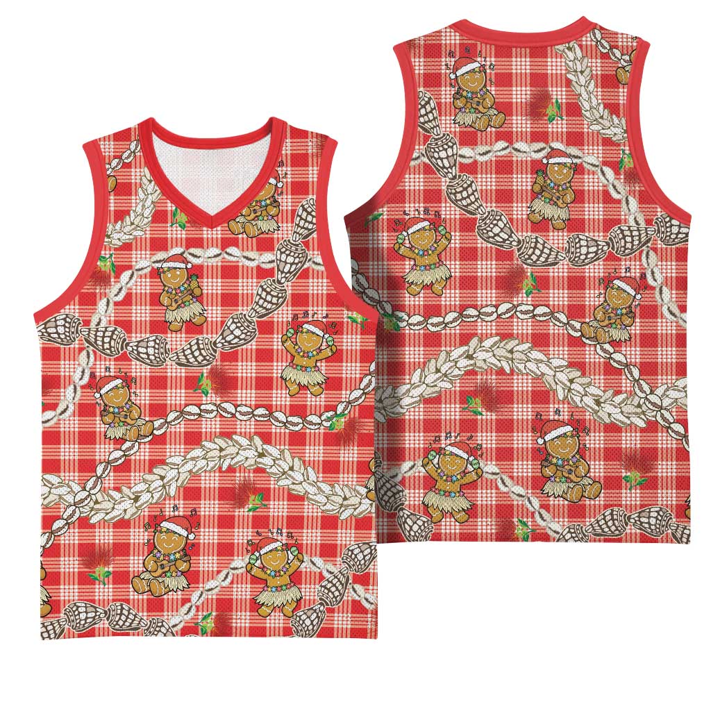 Red Palaka Hawaii Mele Kalikimaka Basketball Jersey Ohia Lehua Shell Leis Funny Gingerbread Santa - Polynesian Pride