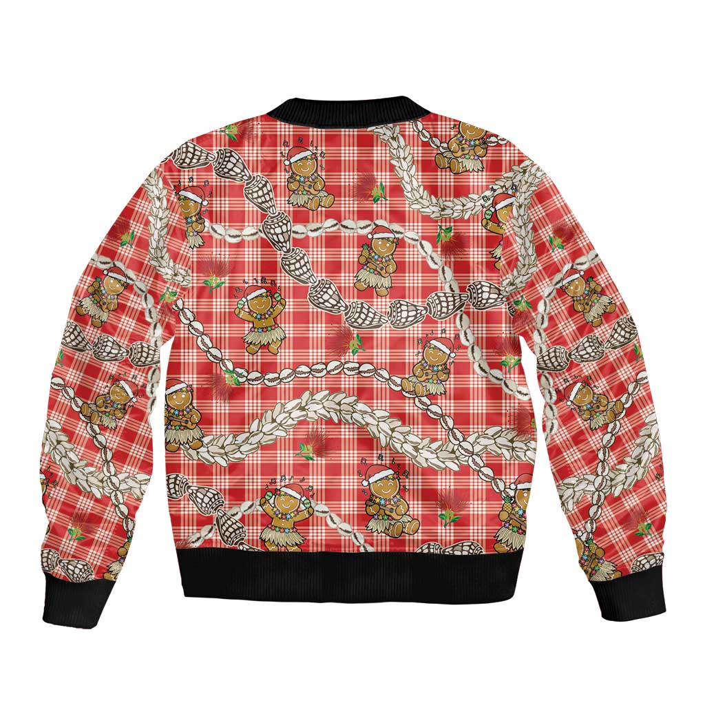 Red Palaka Hawaii Mele Kalikimaka Bomber Jacket Ohia Lehua Shell Leis Funny Gingerbread Santa - Polynesian Pride