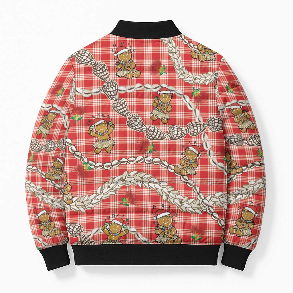 Red Palaka Hawaii Mele Kalikimaka Bomber Puffer Jacket Ohia Lehua Shell Leis Funny Gingerbread Santa - Polynesian Pride