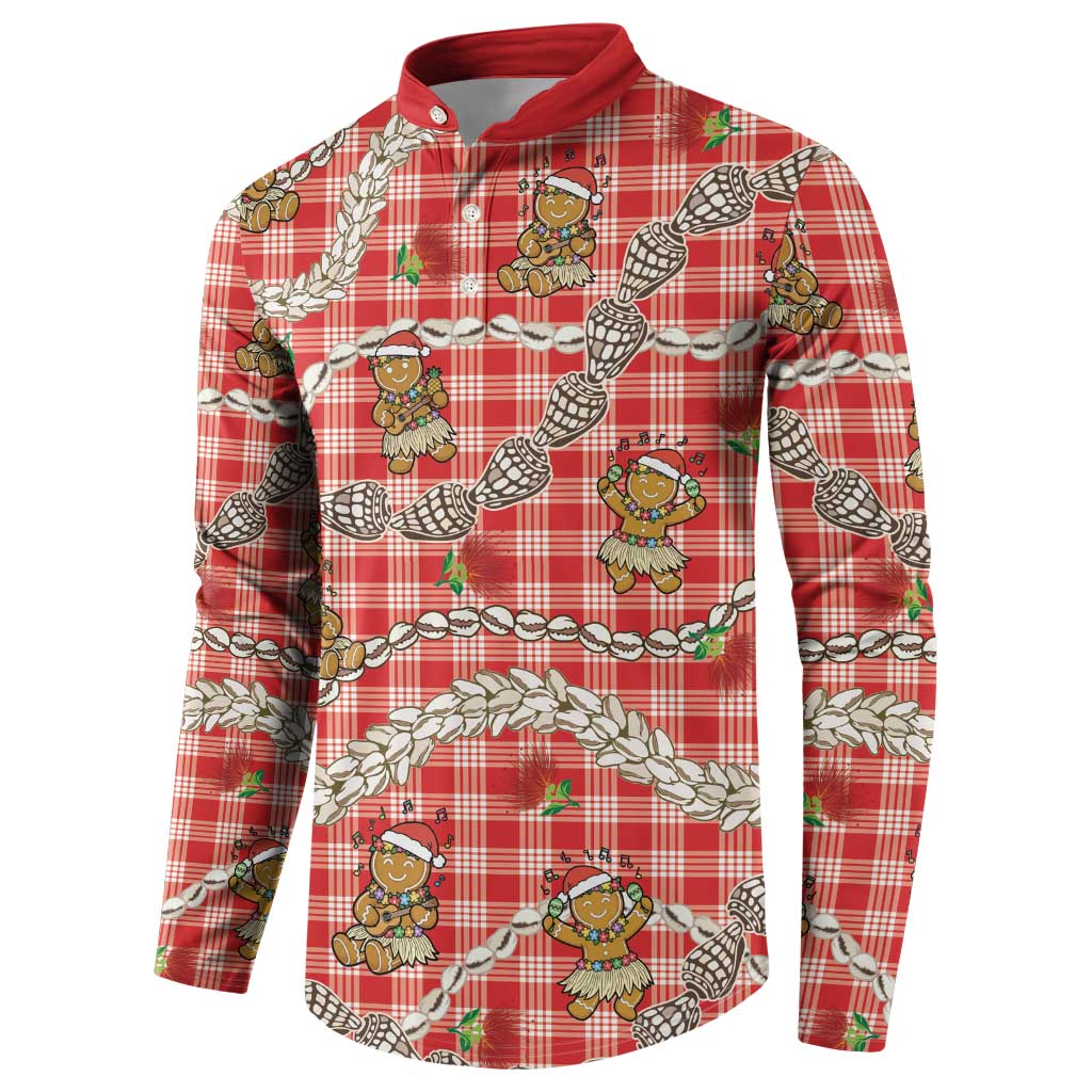 Red Palaka Hawaii Mele Kalikimaka Button Sweatshirt Ohia Lehua Shell Leis Funny Gingerbread Santa - Polynesian Pride