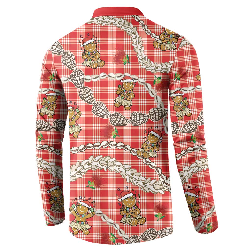 Red Palaka Hawaii Mele Kalikimaka Button Sweatshirt Ohia Lehua Shell Leis Funny Gingerbread Santa - Polynesian Pride