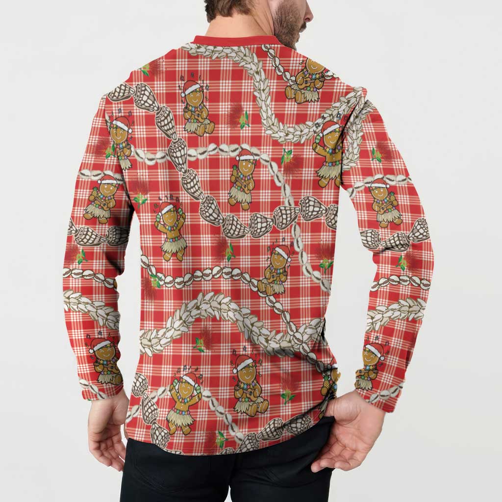 Red Palaka Hawaii Mele Kalikimaka Button Sweatshirt Ohia Lehua Shell Leis Funny Gingerbread Santa - Polynesian Pride