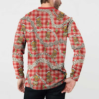 Red Palaka Hawaii Mele Kalikimaka Button Sweatshirt Ohia Lehua Shell Leis Funny Gingerbread Santa - Polynesian Pride