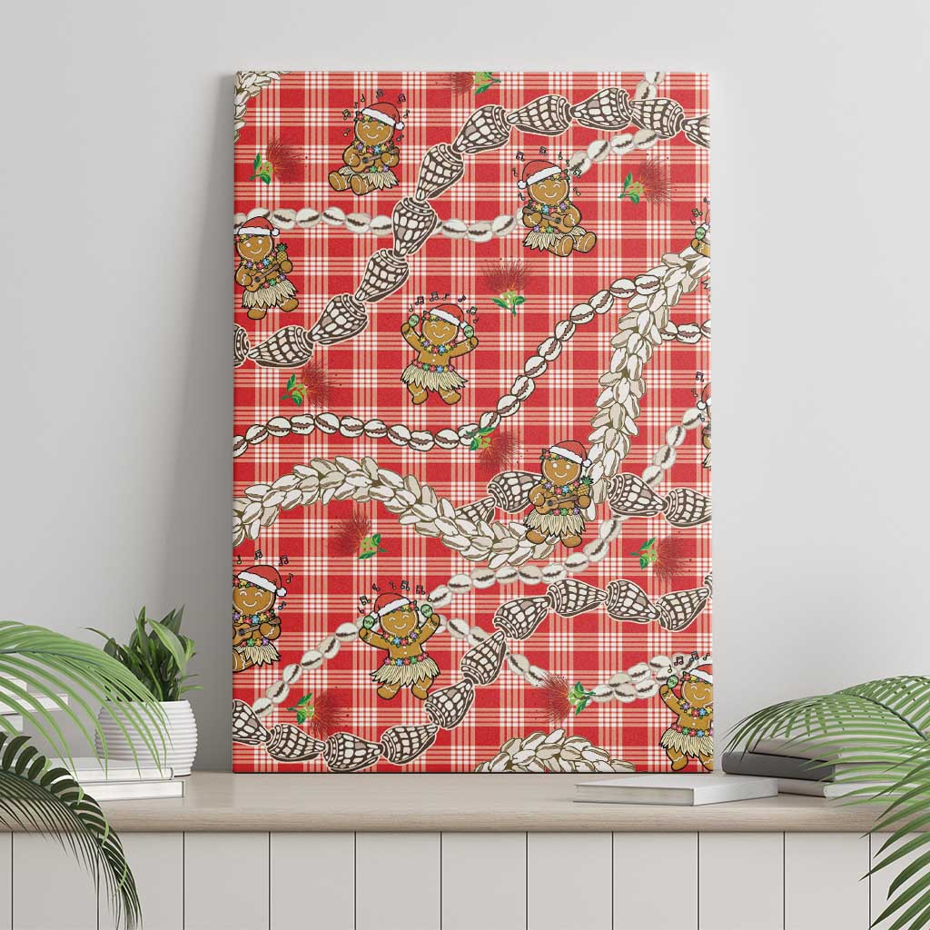 Red Palaka Hawaii Mele Kalikimaka Canvas Wall Art Ohia Lehua Shell Leis Funny Gingerbread Santa - Polynesian Pride