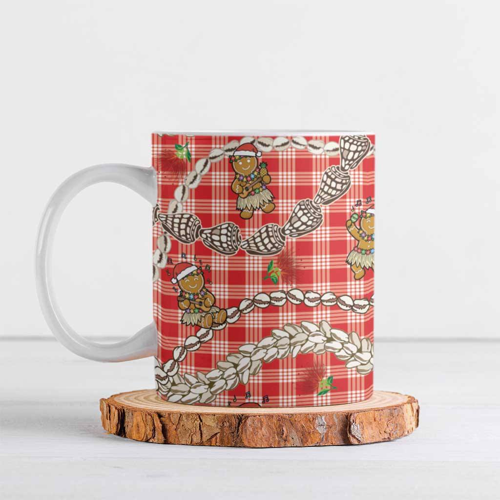 Red Palaka Hawaii Mele Kalikimaka Ceramic Mug Ohia Lehua Shell Leis Funny Gingerbread Santa - Polynesian Pride