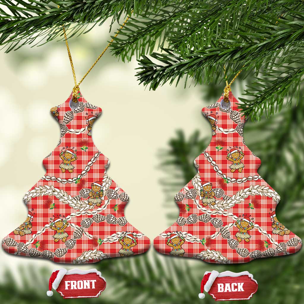 Red Palaka Hawaii Mele Kalikimaka Ceramic Ornament Ohia Lehua Shell Leis Funny Gingerbread Santa - Polynesian Pride