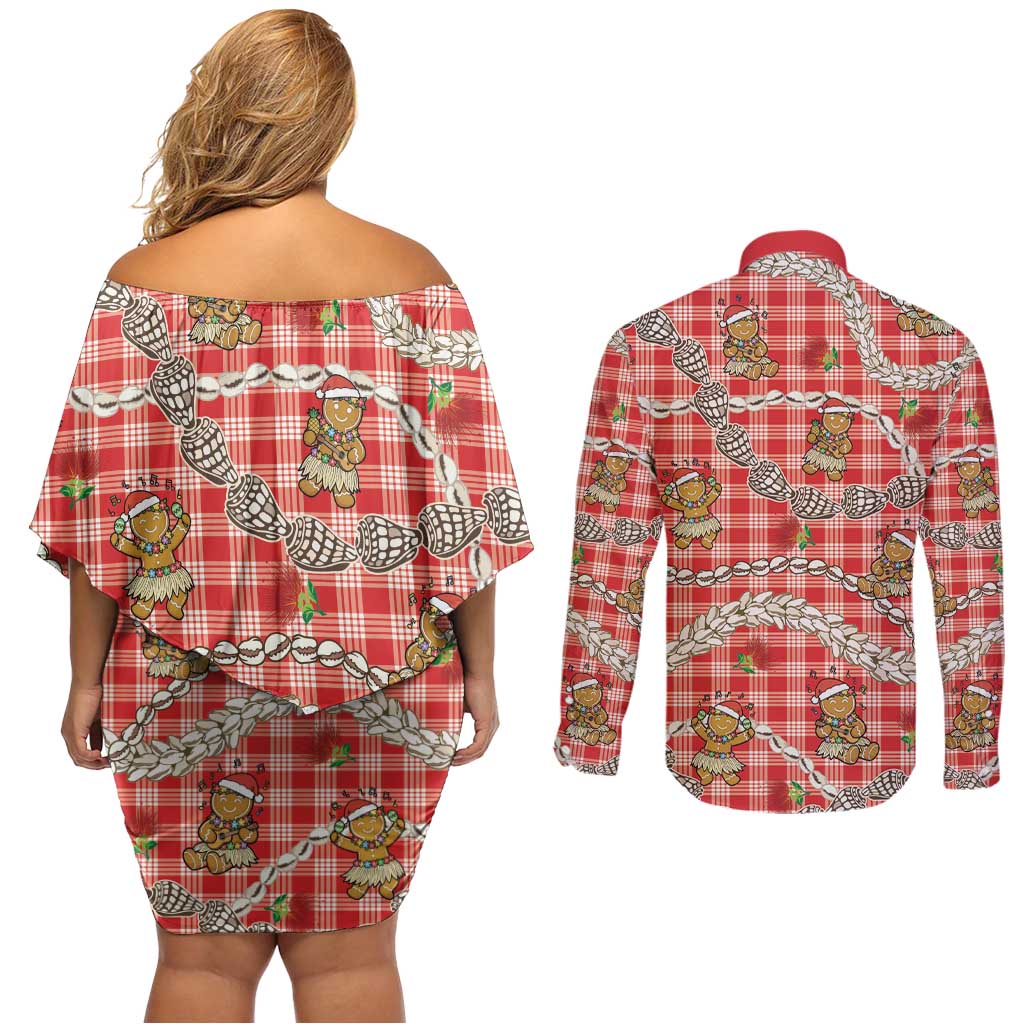 Red Palaka Hawaii Mele Kalikimaka Couples Matching Off Shoulder Short Dress and Long Sleeve Button Shirt Ohia Lehua Shell Leis Funny Gingerbread Santa - Polynesian Pride