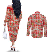 Red Palaka Hawaii Mele Kalikimaka Couples Matching Off The Shoulder Long Sleeve Dress and Long Sleeve Button Shirt Ohia Lehua Shell Leis Funny Gingerbread Santa - Polynesian Pride
