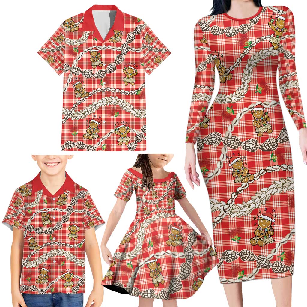 Red Palaka Hawaii Mele Kalikimaka Family Matching Long Sleeve Bodycon Dress and Hawaiian Shirt Ohia Lehua Shell Leis Funny Gingerbread Santa - Polynesian Pride