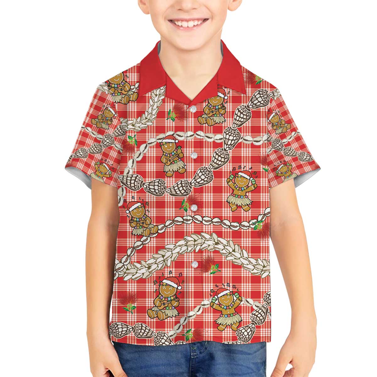 Red Palaka Hawaii Mele Kalikimaka Family Matching Off The Shoulder Long Sleeve Dress and Hawaiian Shirt Ohia Lehua Shell Leis Funny Gingerbread Santa - Polynesian Pride