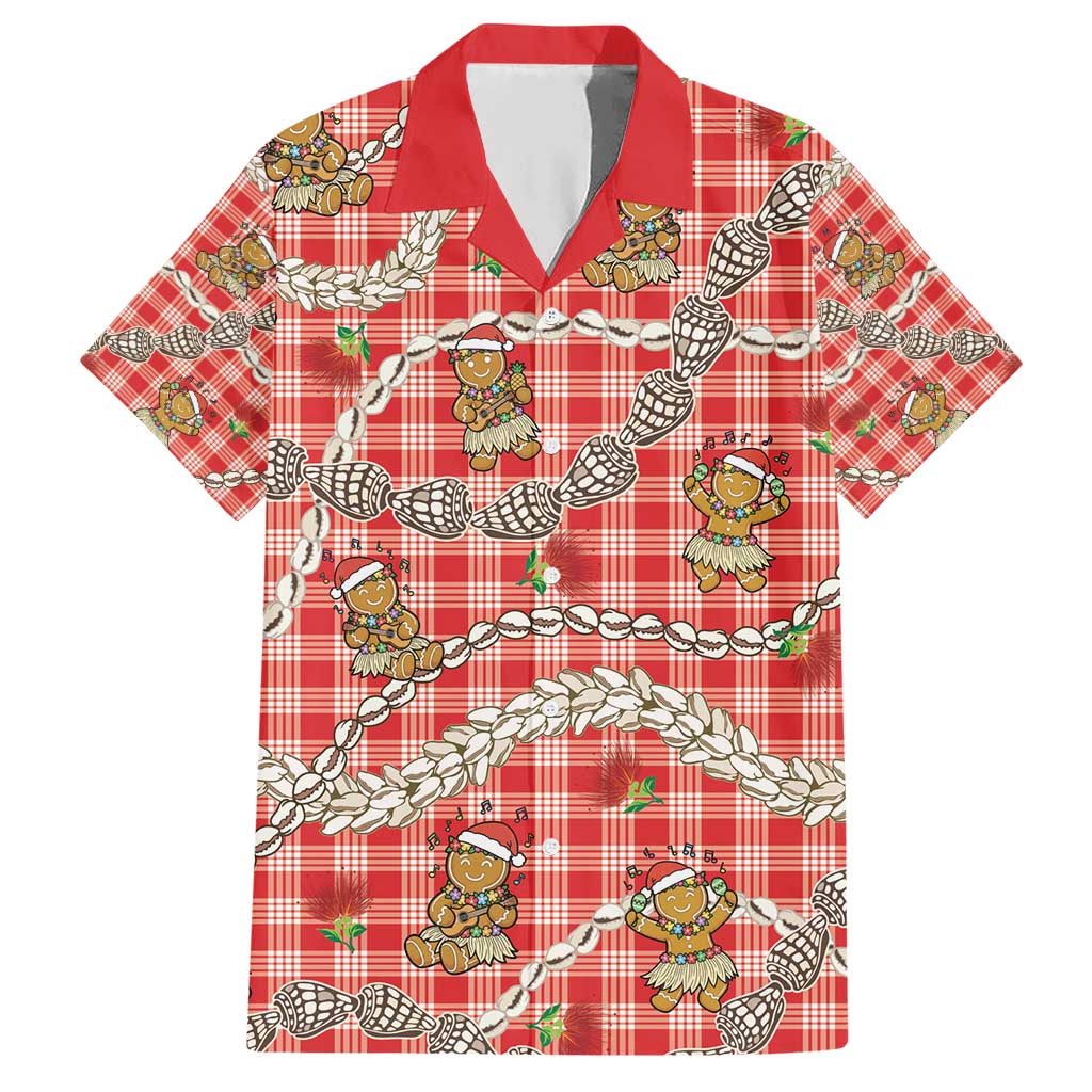 Red Palaka Hawaii Mele Kalikimaka Family Matching Short Sleeve Bodycon Dress and Hawaiian Shirt Ohia Lehua Shell Leis Funny Gingerbread Santa - Polynesian Pride