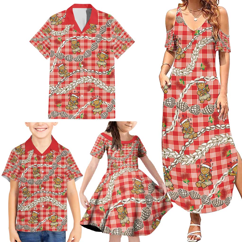 Red Palaka Hawaii Mele Kalikimaka Family Matching Summer Maxi Dress and Hawaiian Shirt Ohia Lehua Shell Leis Funny Gingerbread Santa - Polynesian Pride