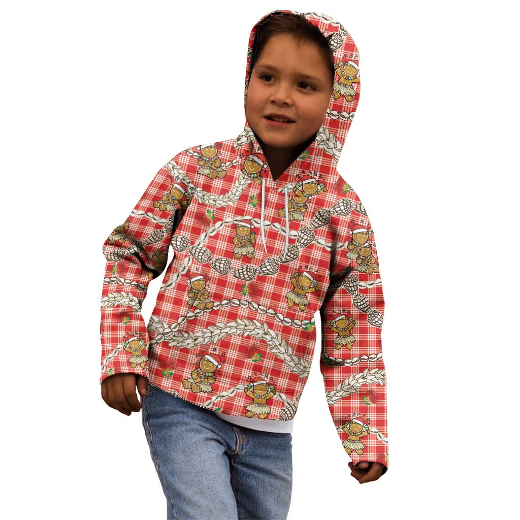 Red Palaka Hawaii Mele Kalikimaka Kid Hoodie Ohia Lehua Shell Leis Funny Gingerbread Santa - Polynesian Pride