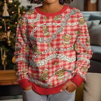 Red Palaka Hawaii Mele Kalikimaka Kid Ugly Christmas Sweater Ohia Lehua Shell Leis Funny Gingerbread Santa - Polynesian Pride