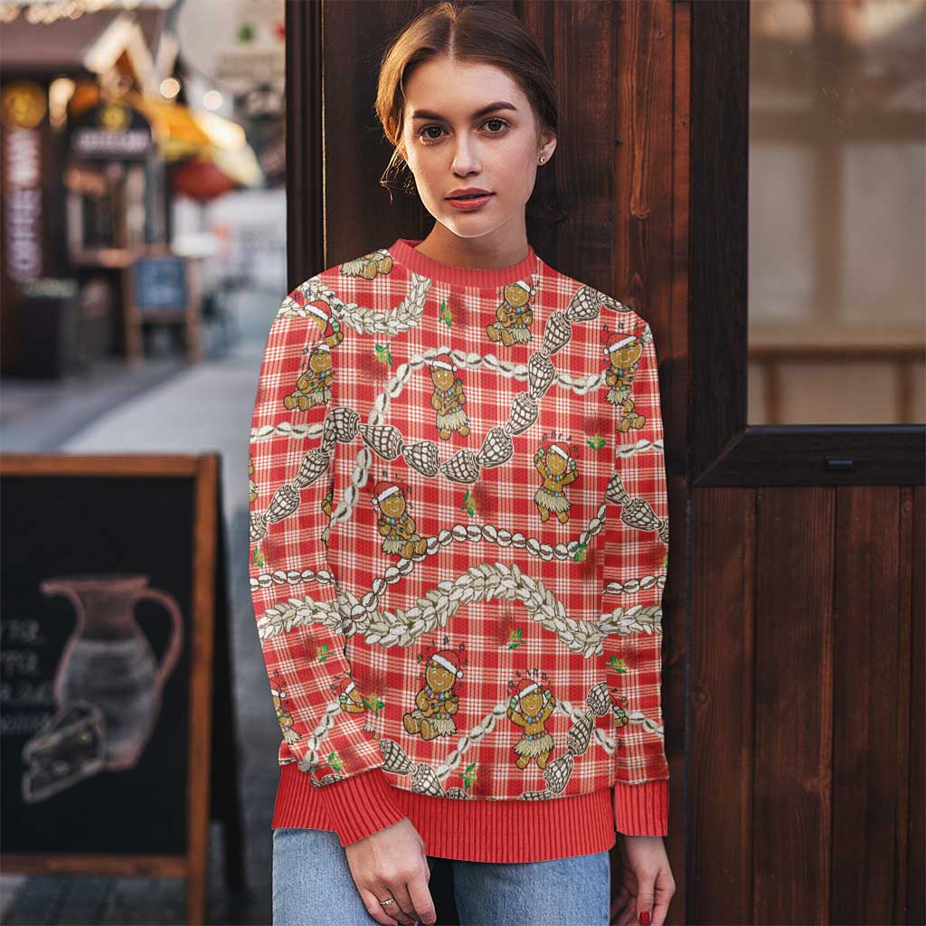 Red Palaka Hawaii Mele Kalikimaka Ugly Christmas Sweater Ohia Lehua Shell Leis Funny Gingerbread Santa - Polynesian Pride