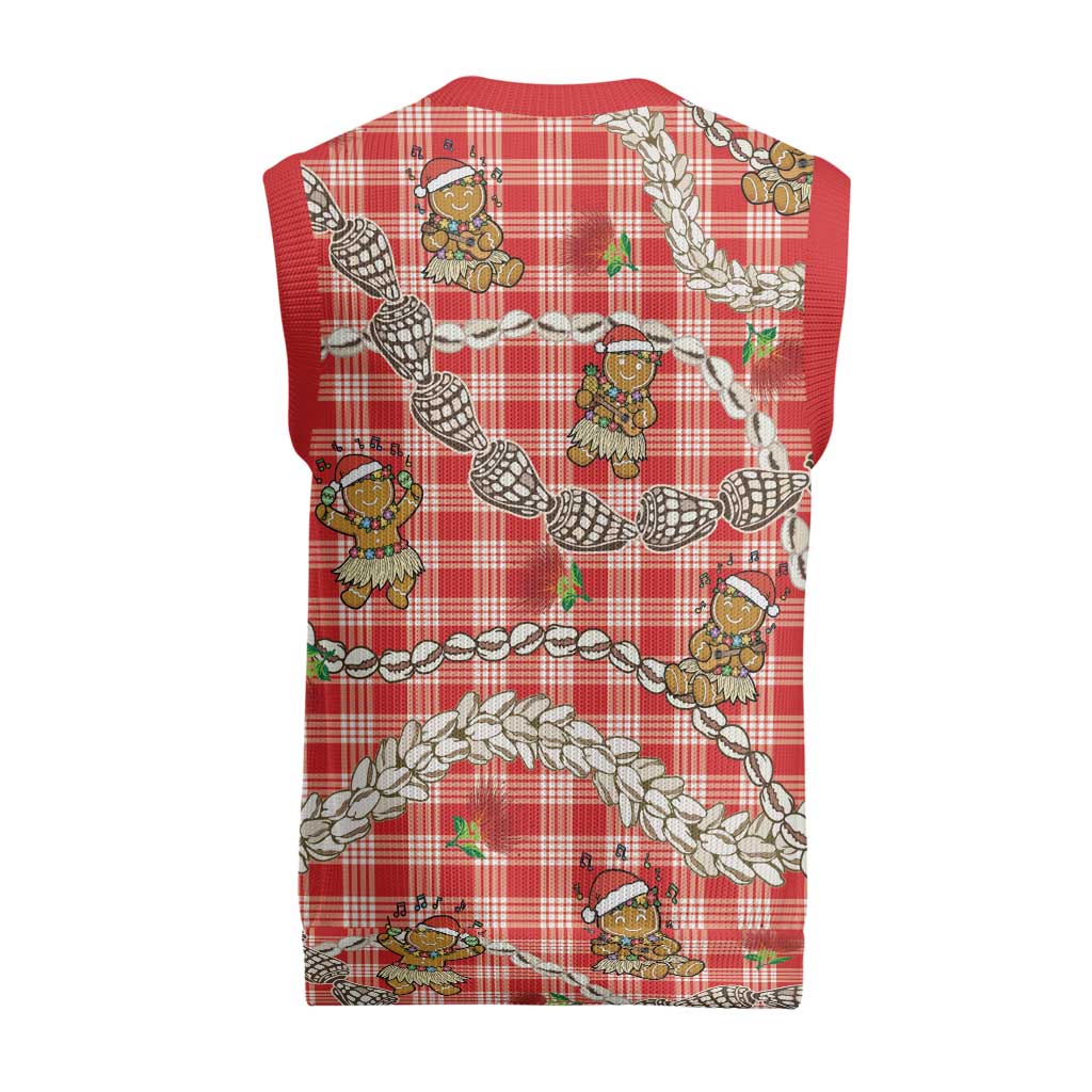 Red Palaka Hawaii Mele Kalikimaka Christmas Knitted V-Neck Vest Ohia Lehua Shell Leis Funny Gingerbread Santa - Polynesian Pride