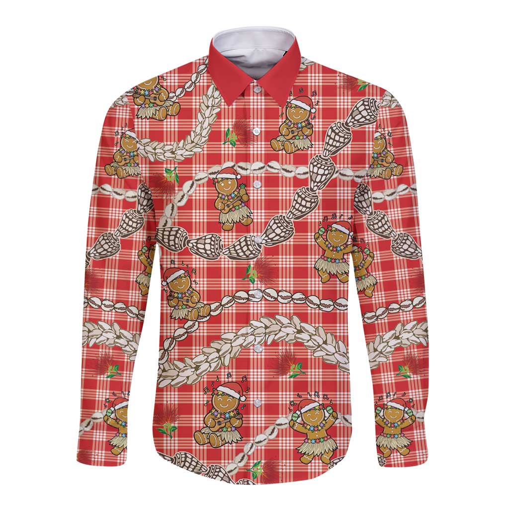 Red Palaka Hawaii Mele Kalikimaka Long Sleeve Button Shirt Ohia Lehua Shell Leis Funny Gingerbread Santa - Polynesian Pride