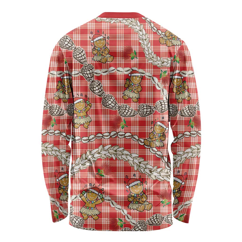 Red Palaka Hawaii Mele Kalikimaka Long Sleeve Shirt Ohia Lehua Shell Leis Funny Gingerbread Santa - Polynesian Pride