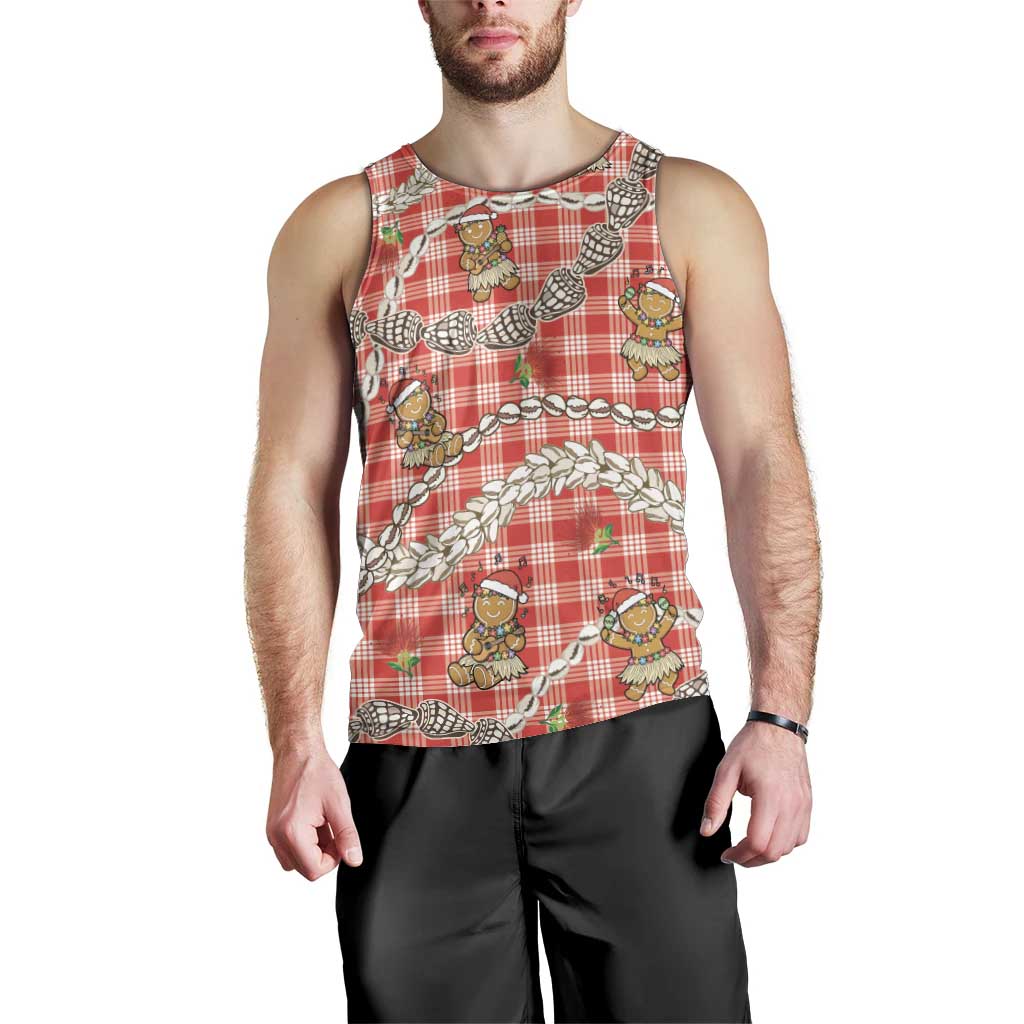 Red Palaka Hawaii Mele Kalikimaka Men Tank Top Ohia Lehua Shell Leis Funny Gingerbread Santa - Polynesian Pride