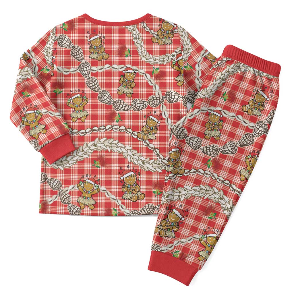 Red Palaka Hawaii Mele Kalikimaka Christmas Pajama Set Ohia Lehua Shell Leis Funny Gingerbread Santa - Polynesian Pride