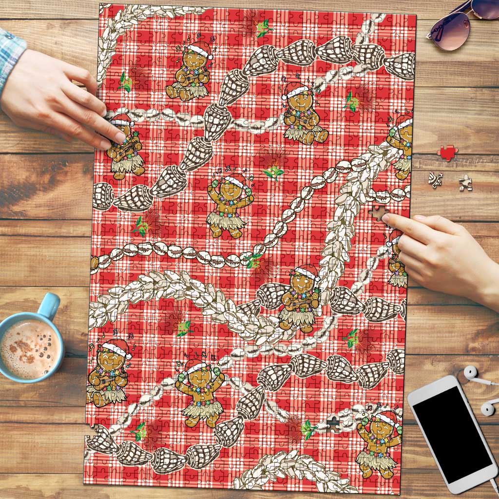 Red Palaka Hawaii Mele Kalikimaka Puzzle Ohia Lehua Shell Leis Funny Gingerbread Santa - Polynesian Pride