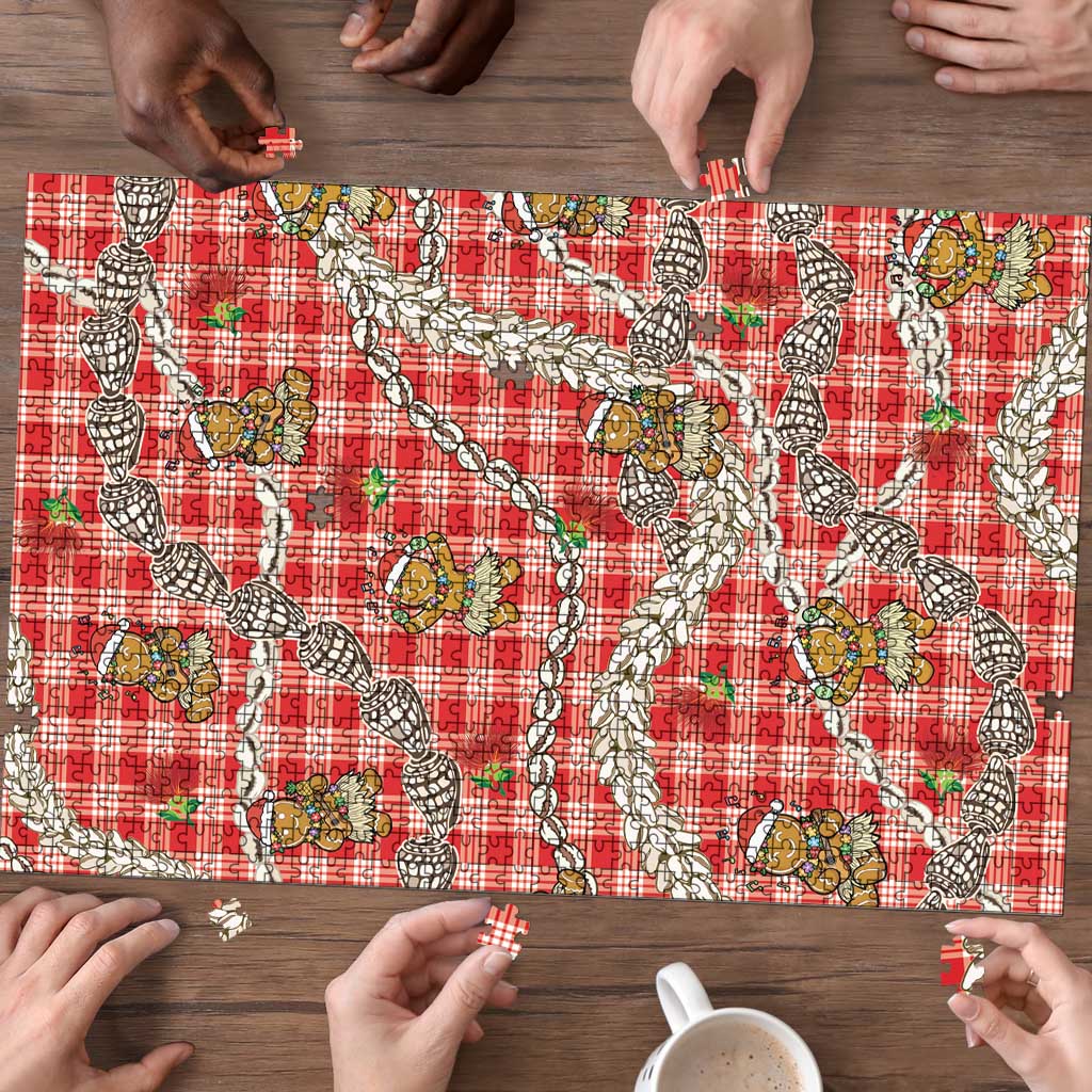 Red Palaka Hawaii Mele Kalikimaka Puzzle Ohia Lehua Shell Leis Funny Gingerbread Santa - Polynesian Pride