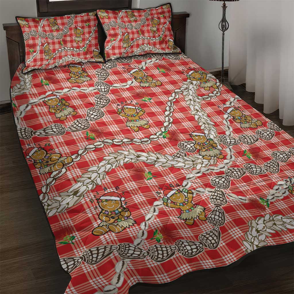 Red Palaka Hawaii Mele Kalikimaka Quilt Bed Set Ohia Lehua Shell Leis Funny Gingerbread Santa - Polynesian Pride