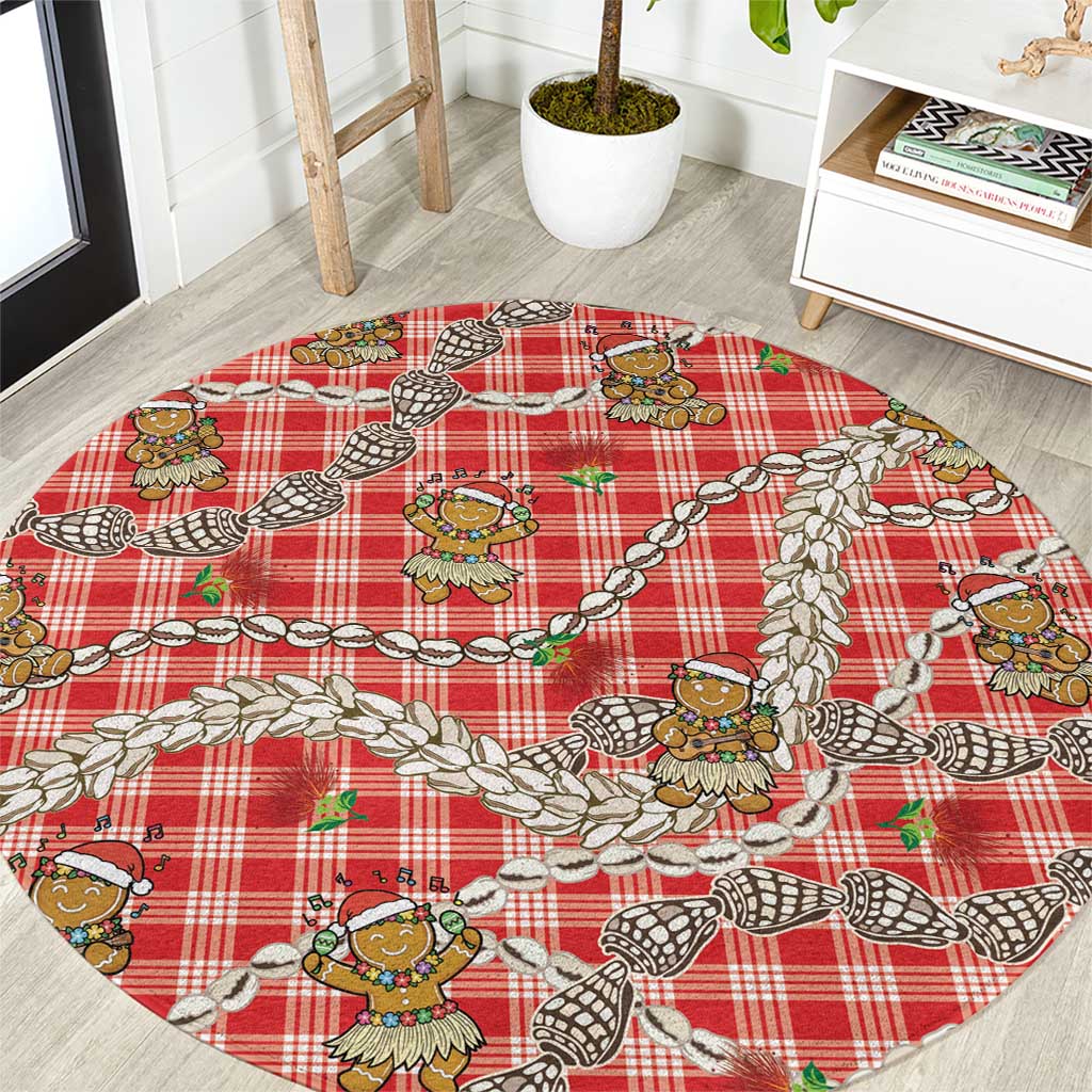 Red Palaka Hawaii Mele Kalikimaka Round Carpet Ohia Lehua Shell Leis Funny Gingerbread Santa - Polynesian Pride