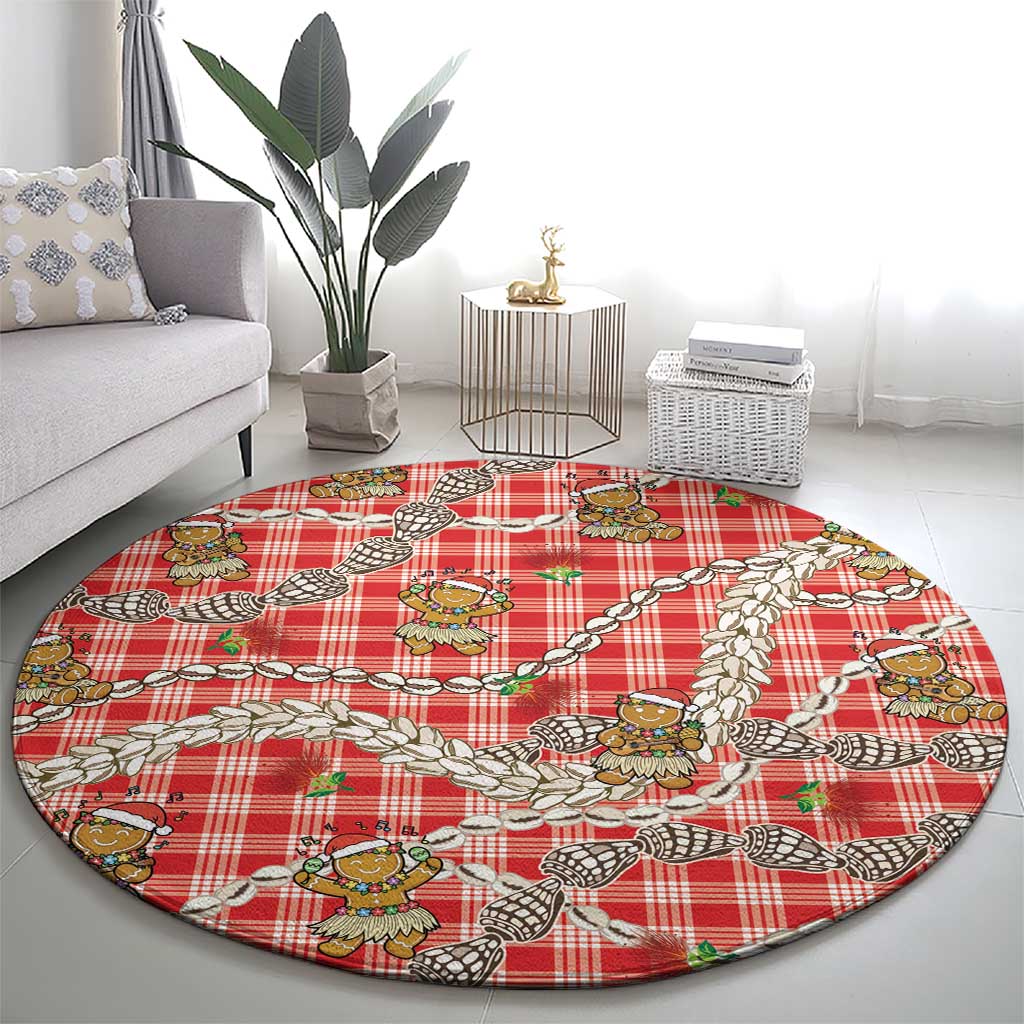 Red Palaka Hawaii Mele Kalikimaka Round Carpet Ohia Lehua Shell Leis Funny Gingerbread Santa - Polynesian Pride