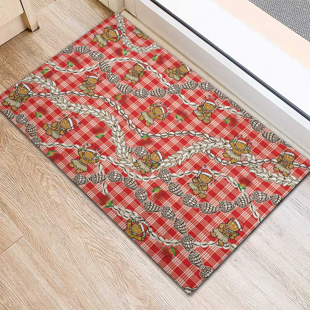 Red Palaka Hawaii Mele Kalikimaka Rubber Doormat Ohia Lehua Shell Leis Funny Gingerbread Santa - Polynesian Pride