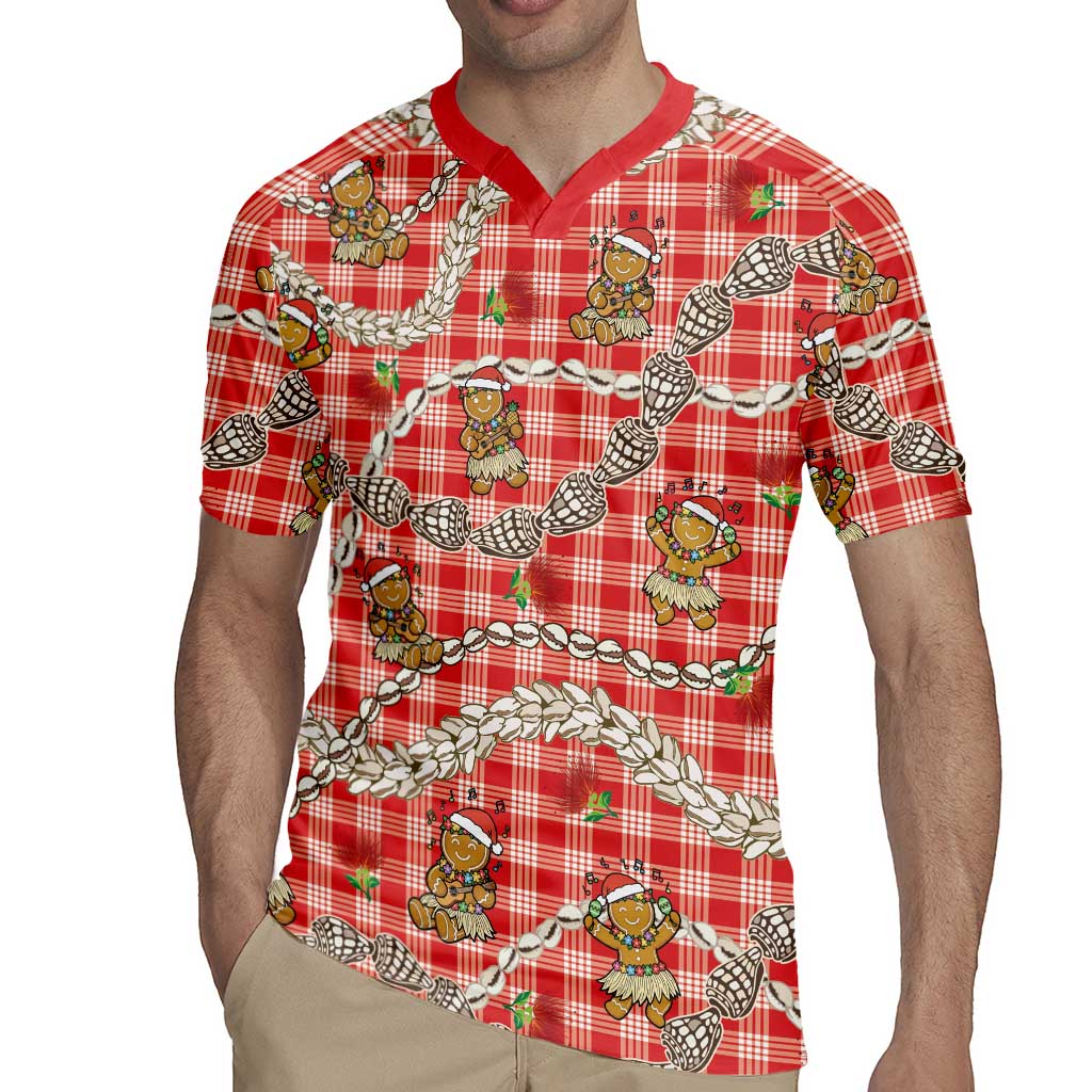 Red Palaka Hawaii Mele Kalikimaka Rugby Jersey Ohia Lehua Shell Leis Funny Gingerbread Santa - Polynesian Pride