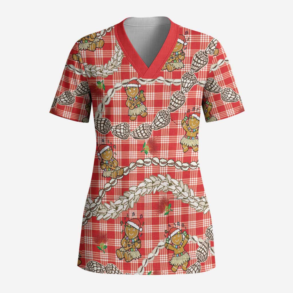 Red Palaka Hawaii Mele Kalikimaka Scrub Top Ohia Lehua Shell Leis Funny Gingerbread Santa - Polynesian Pride