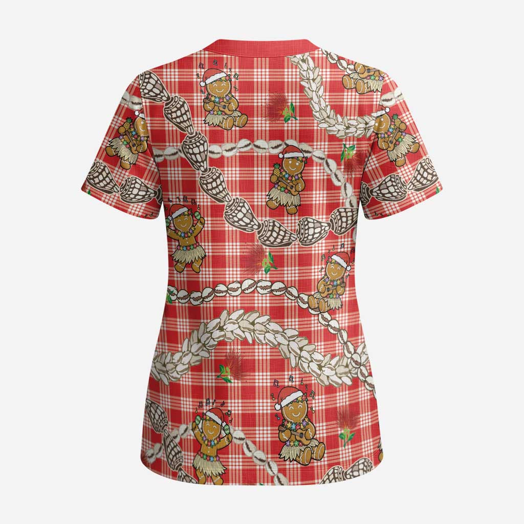 Red Palaka Hawaii Mele Kalikimaka Scrub Top Ohia Lehua Shell Leis Funny Gingerbread Santa - Polynesian Pride