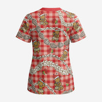 Red Palaka Hawaii Mele Kalikimaka Scrub Top Ohia Lehua Shell Leis Funny Gingerbread Santa - Polynesian Pride