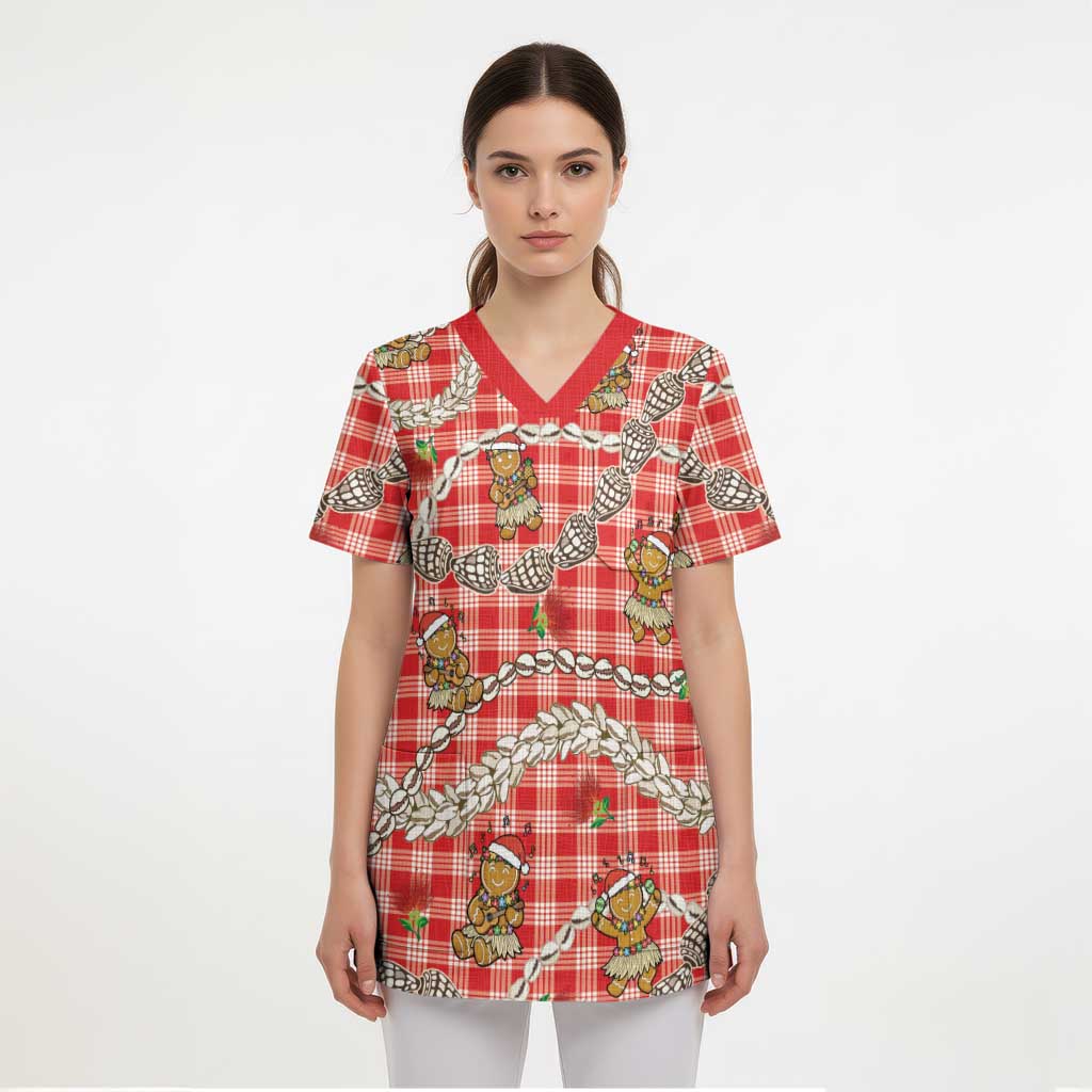 Red Palaka Hawaii Mele Kalikimaka Scrub Top Ohia Lehua Shell Leis Funny Gingerbread Santa - Polynesian Pride