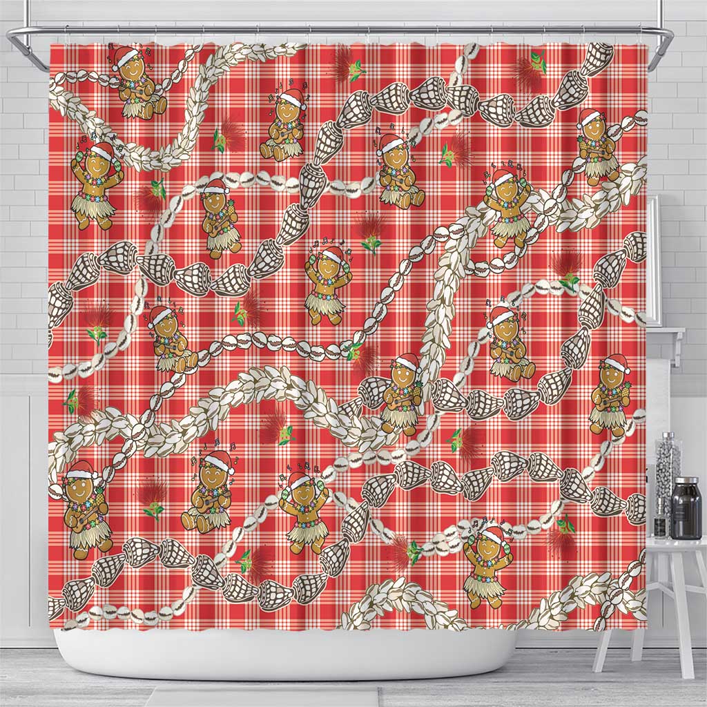 Red Palaka Hawaii Mele Kalikimaka Shower Curtain Ohia Lehua Shell Leis Funny Gingerbread Santa - Polynesian Pride