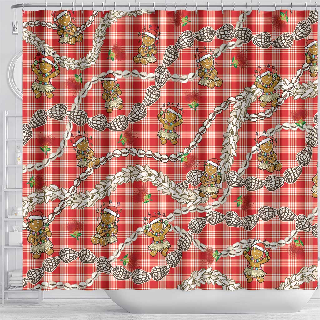 Red Palaka Hawaii Mele Kalikimaka Shower Curtain Ohia Lehua Shell Leis Funny Gingerbread Santa - Polynesian Pride
