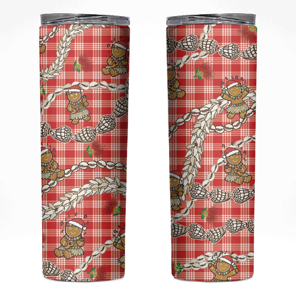 Red Palaka Hawaii Mele Kalikimaka Skinny Tumbler Ohia Lehua Shell Leis Funny Gingerbread Santa - Polynesian Pride