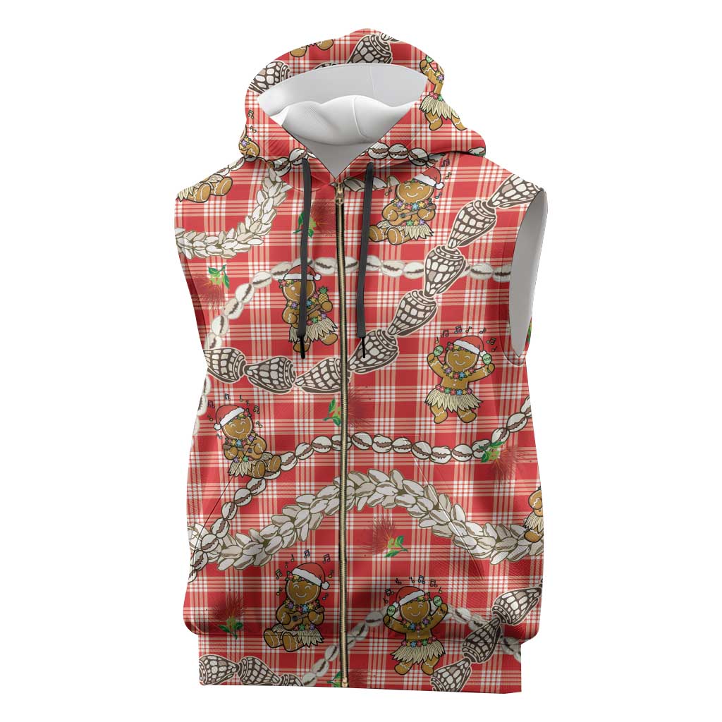 Red Palaka Hawaii Mele Kalikimaka Sleeveless Zip Hoodie Ohia Lehua Shell Leis Funny Gingerbread Santa - Polynesian Pride