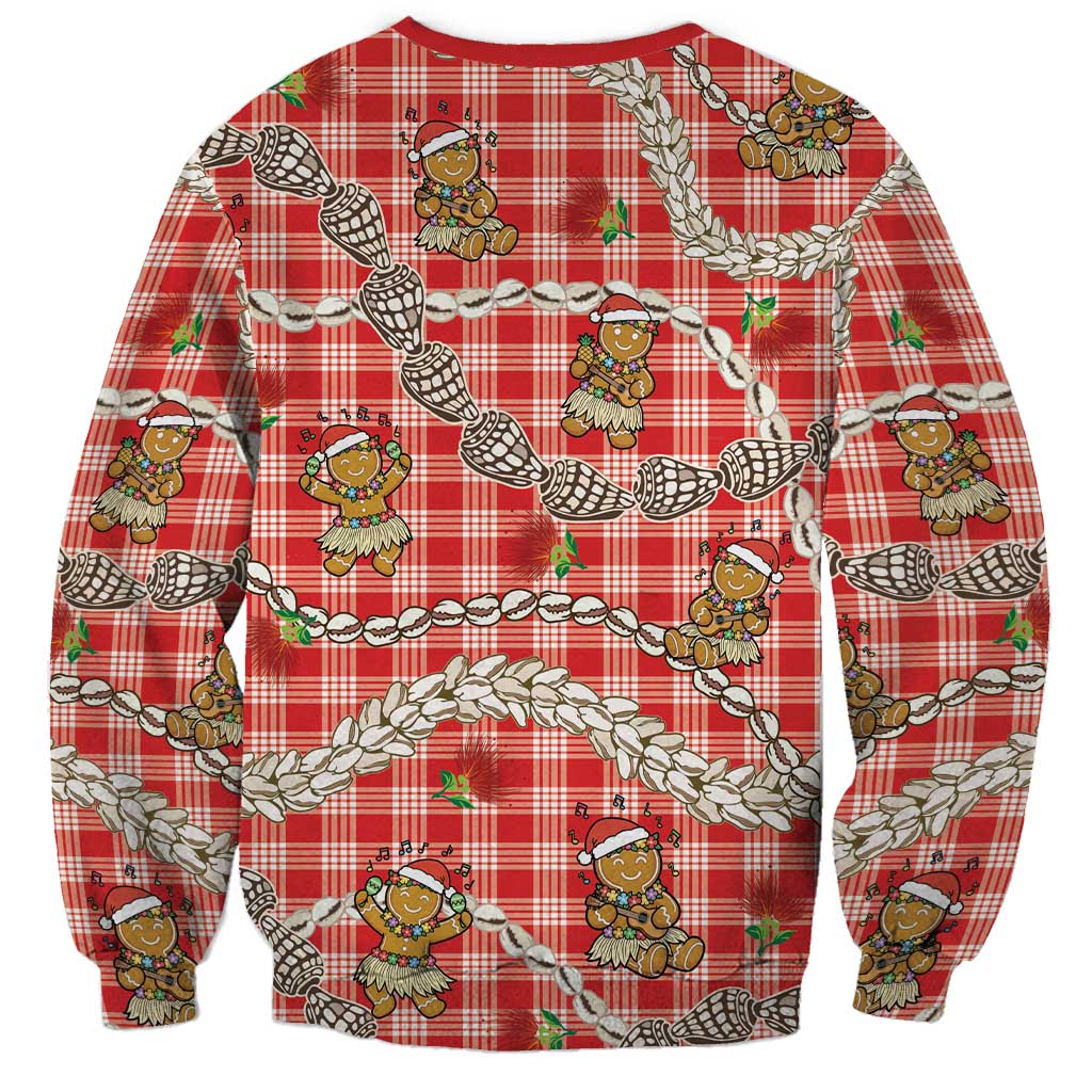 Red Palaka Hawaii Mele Kalikimaka Sweatshirt Ohia Lehua Shell Leis Funny Gingerbread Santa - Polynesian Pride