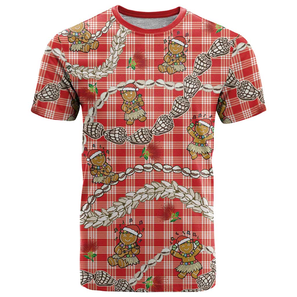 Red Palaka Hawaii Mele Kalikimaka T Shirt Ohia Lehua Shell Leis Funny Gingerbread Santa - Polynesian Pride