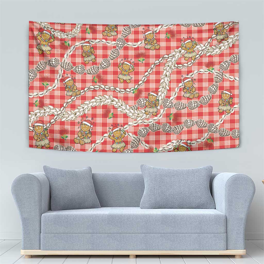 Red Palaka Hawaii Mele Kalikimaka Tapestry Ohia Lehua Shell Leis Funny Gingerbread Santa - Polynesian Pride
