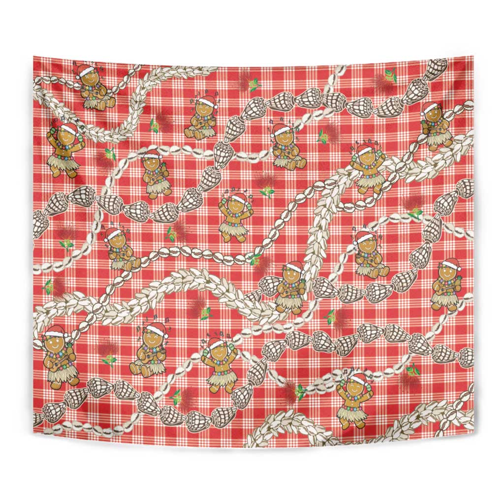 Red Palaka Hawaii Mele Kalikimaka Tapestry Ohia Lehua Shell Leis Funny Gingerbread Santa - Polynesian Pride