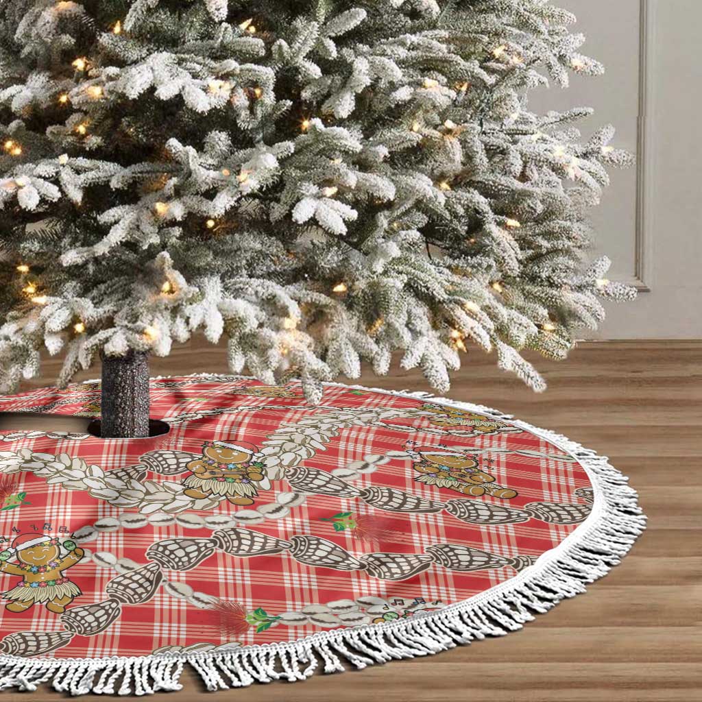 Red Palaka Hawaii Mele Kalikimaka Tree Skirt Ohia Lehua Shell Leis Funny Gingerbread Santa - Polynesian Pride