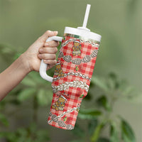 Red Palaka Hawaii Mele Kalikimaka Tumbler With Handle Ohia Lehua Shell Leis Funny Gingerbread Santa - Polynesian Pride