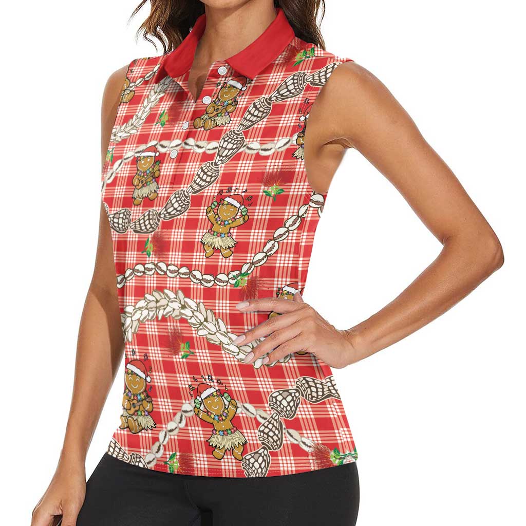 Red Palaka Hawaii Mele Kalikimaka Women Sleeveless Polo Shirt Ohia Lehua Shell Leis Funny Gingerbread Santa - Polynesian Pride