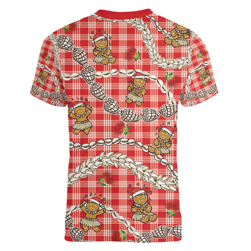 Red Palaka Hawaii Mele Kalikimaka Women V-Neck T-Shirt Ohia Lehua Shell Leis Funny Gingerbread Santa - Polynesian Pride