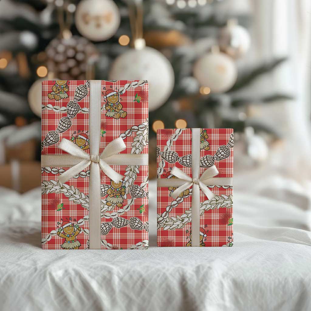 Red Palaka Hawaii Mele Kalikimaka Wrapping Paper Ohia Lehua Shell Leis Funny Gingerbread Santa - Polynesian Pride